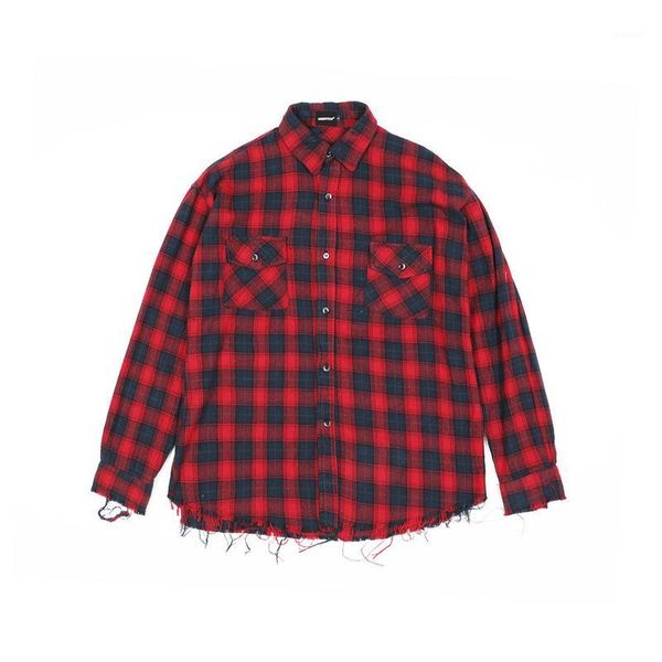 

2020 classic wash water for old fringed plaid shirts men women couples shirt oversized 100%cotton men leisure loose1, Black;brown