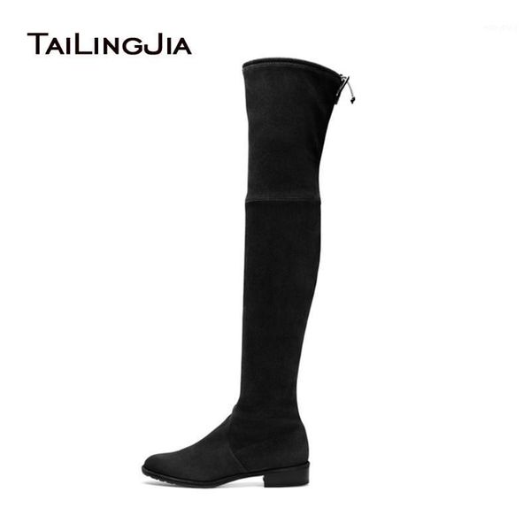

2020 women's black flat stretch boots ladies low heel round toe slip on brown faux suede over the knee high fall autumn shoes1