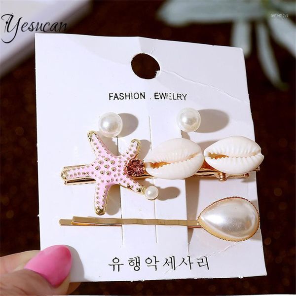 

statement ocean jewelry fashion imitation pearls starfish shell pendant hair jewelry 3pc/set hair accessories for women hairpins1, Golden;silver