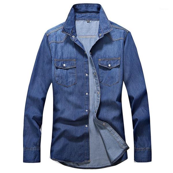 

long-sleeved denim shirt male slim fit jean shirt for man blouse cotton solid color casual blue new1, White;black