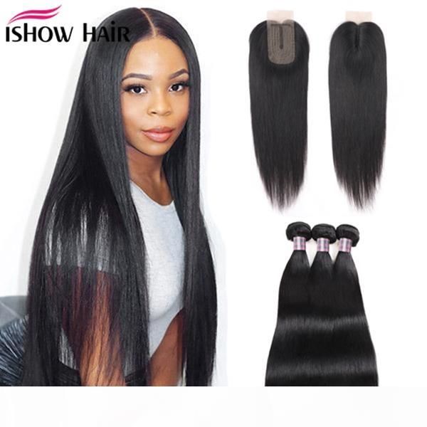 

ishow human hair bundles with closure straight virgin hair extensions 3 4pcs with 2x3 lace closure straight, Black