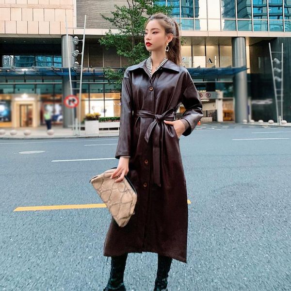

long pu windbreaker women 2020 spring long sleeve belt faux leather trench coat loose raincoat femme new py135, Black
