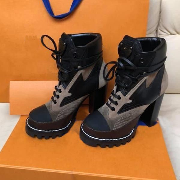 

high heeled boots autumn winter coarse heel designer women shoes desert boot real leather letter lace up fashion lady thick heel heels large, Black