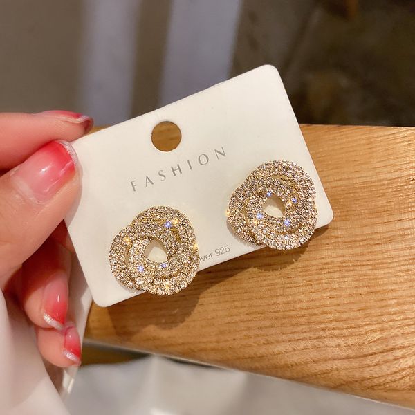 

fashion 925 silver korean dongdaemun winding full-jeweled stud earrings geometric twisted surface earrings net red trendy fashion commuter e, Golden