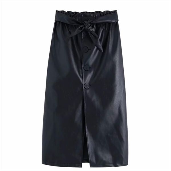 

women fashion bow tied decoration pu leather straight skirt faldas mujer ladies elastic waist buttons chic midi skirts qun520, Black