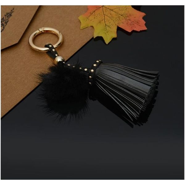 

leather tassels with mink fur ball key chain with one tassels for car keychain bag key ring jewelry eh811 f bbykkl, Slivery;golden