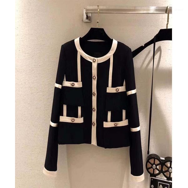 

cosmicchic 2020 women jacket short coat black white patchwork golden-button pockets o-neck runway slim elegant retro jackets1, Black;brown