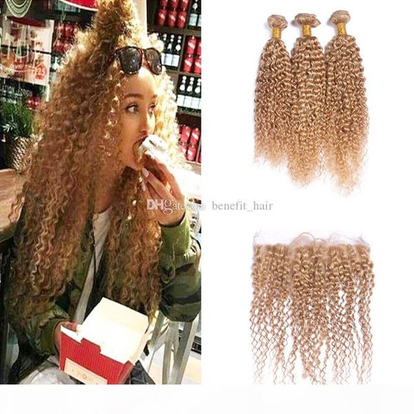 

strawberry blonde 27 kinky завитые human 3bundles волос с кружевом фронтальная kinky завитые 27 уток волос с уха до уха фронтальным 13x4, Black