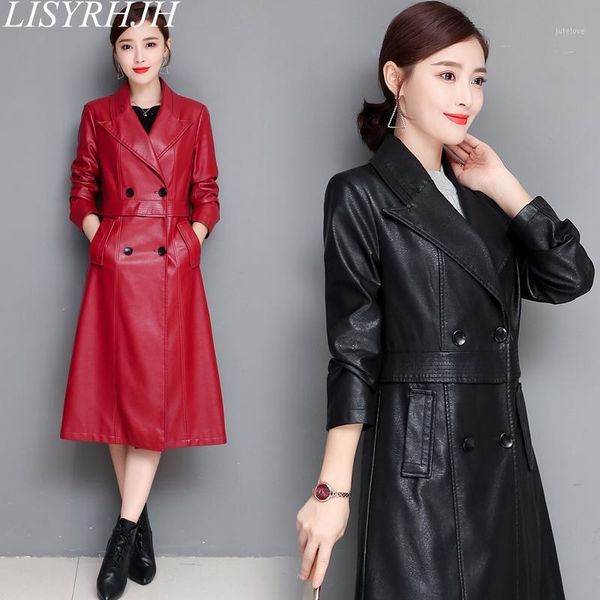 

lisyrhjh new autumn winter x-long faux leather coat soft slim black leather jacket women overcoat plus size 4xl trench parka1