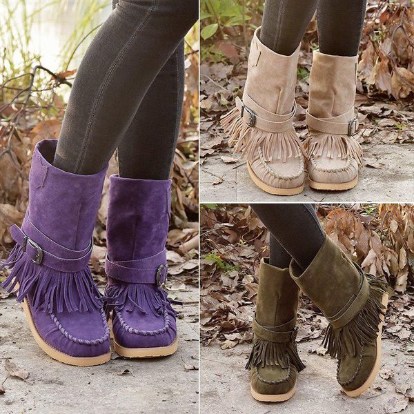 

women tassel buckle mid calf boots women's flock retro flats ladies sewing footwear female comfortable woman shoes plus size, Black
