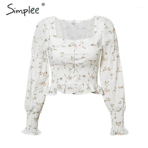 

simplee elegant white blouse women shirts 2020 vintage flower print blouse summer casual ruffles short blusas female1