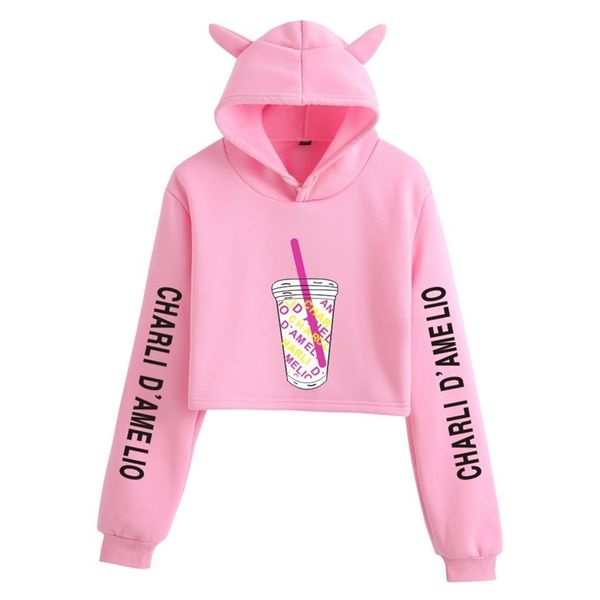 Charli Damelio Merch Hoody Kırpma üst Hoodie Kazak Kırpılmış Sıçramak Kedi Kulak Hoodie Kadınlar Kısa Tişörtü Kazak Hoodies 201102