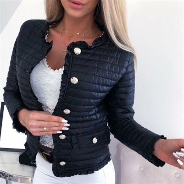 

winter warm button-down cotton jacket coats women casual female pockets ruffle slim fit short jackets new arrival y201012, Black