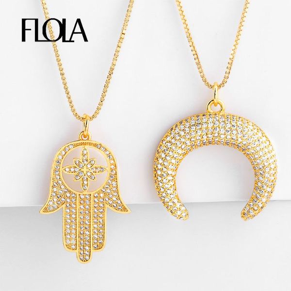 

pendant necklaces flola gold filled fatima hand necklace for woman zirconia crescent horn cz jewelry collar mano de nkep48, Silver