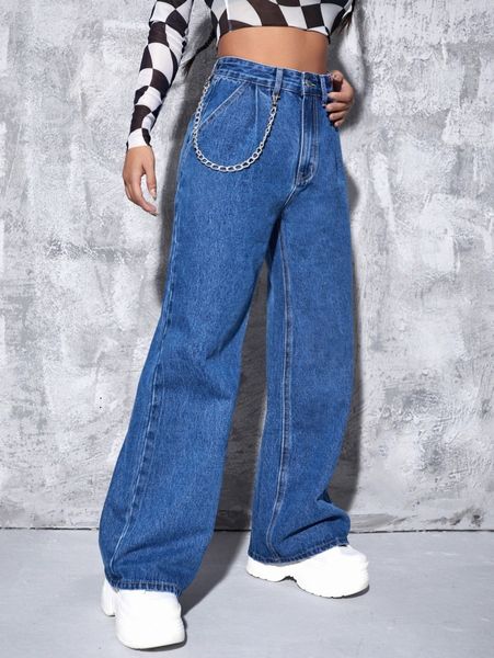

zipper fly fold pleated boyfriend jeans with chain q6eo#, Blue