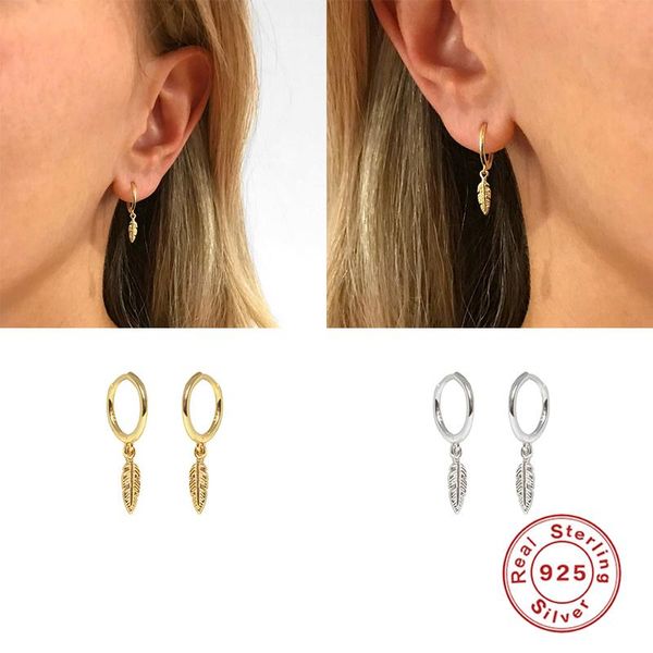 

hoop & huggie luxury 925 sterling silver earrings for women earring feather pendant brinco fine jewelry oorbellen couple gift, Golden;silver