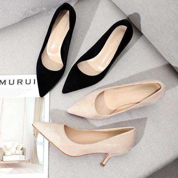 

high heels shoes woman 2020 spring office lady small heels faux suede pointed toe slip ons solid pumps women party wedding, Black