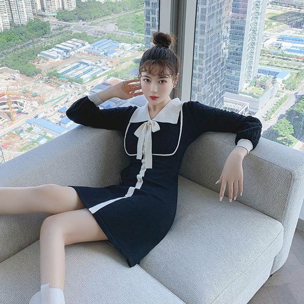 

new 2021 female spring and autumn dressed in arc knitted mini-line temperament to sweet long sleeve dresses y276 0fet zo3s, Black;gray
