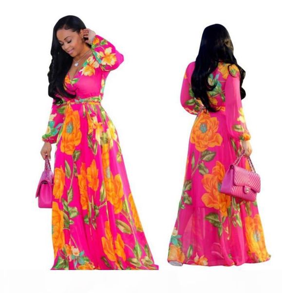 

women bohemia dresses fashion floral print boho maxi beach dress deep v long sleeve casual chiffon party dress m201, Black;gray