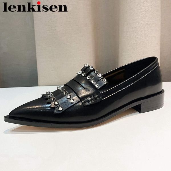 

lenkisen 2020 new natural leather pointed toe low heel rivet decorations brand shoes women young lady slip on fashion pumps l53, Black