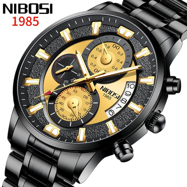 

2020 fashion nibosi mens watches brand luxury waterproof sport wrist watch chronograph quartz military genuine leather relogio masculino, Slivery;brown