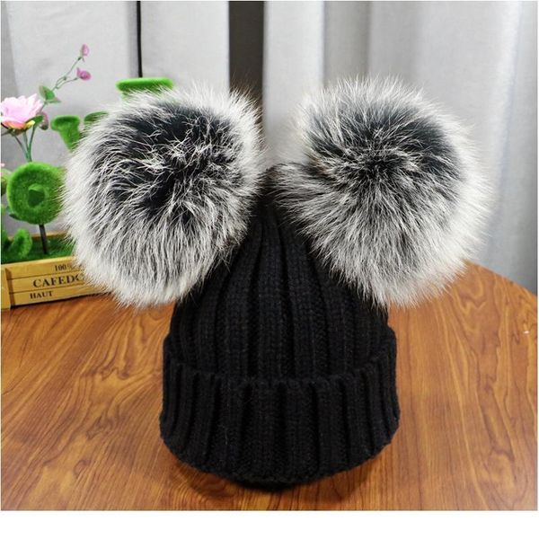 

2020 new double natural pom poms hat girls boys winter warm fur pompom ball knitted beanies hat skullies beanies cotto jlltvq, Blue;gray