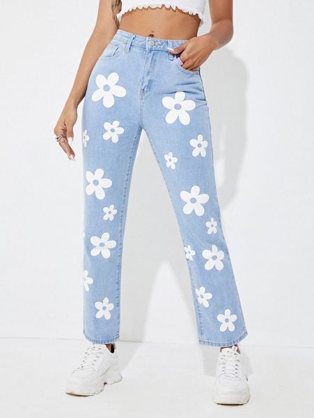 

floral print straight leg jeans k5h5#, Blue