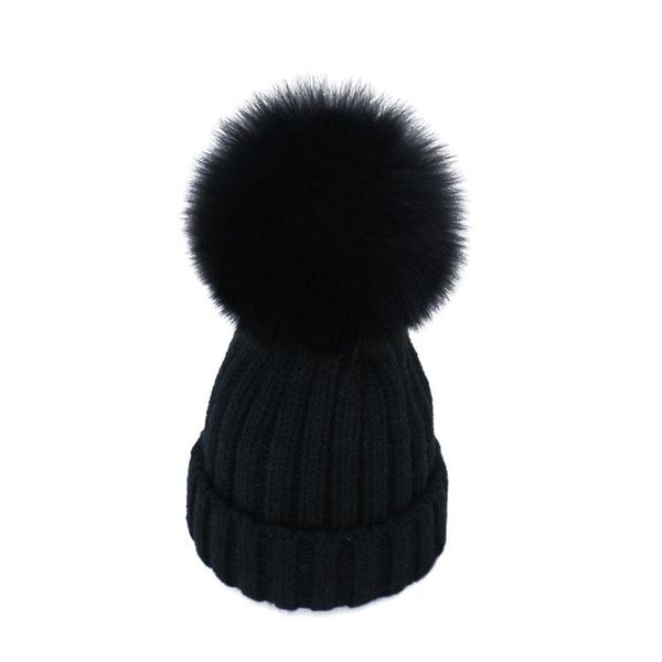 

caps & hats mom kids winter knited hat with real fur 2021 luxury children snow wear warm high quality, Yellow