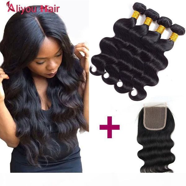 

mink brazilian virgin hair bundles with closure body wave hair weaves closure 4 pcs remy human hair wefts extensions with slik lace closure, Black