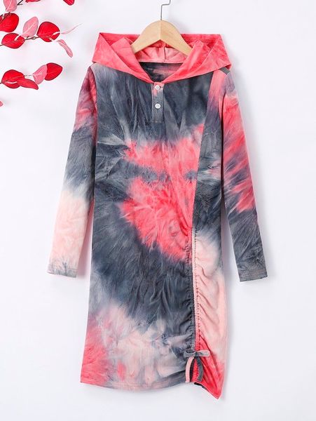 

girls tie dye ruched knot front hooded dress she, Red;yellow