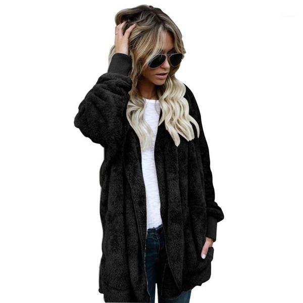 

women's autumn winter casual hooded coat european style batwing long reversible thick cotton outwear artificial faux fur jacket1, Black