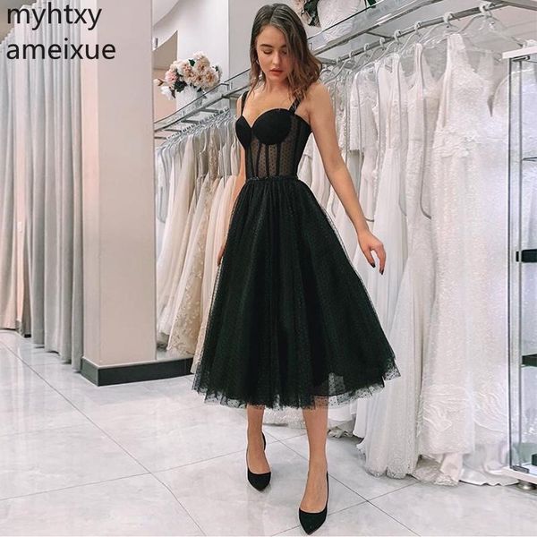 2020 New Black Prom Dress Spaghetti Strap Polka Dot Tulle Lunghezza tè Abiti da festa convenzionali Abito corto Vestido De Festa Elegante