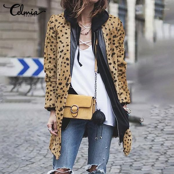 

women vintage leopard print coats jackets celmia 2021 autumn winter hooded fur outerwear casual loose zipper patchwork jackets 71, Black;brown