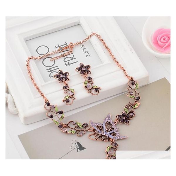

europe fashion jewelry sets vintage butterfly pendant rhinestone flowers elegant necklace earrings 0o0kb, Silver