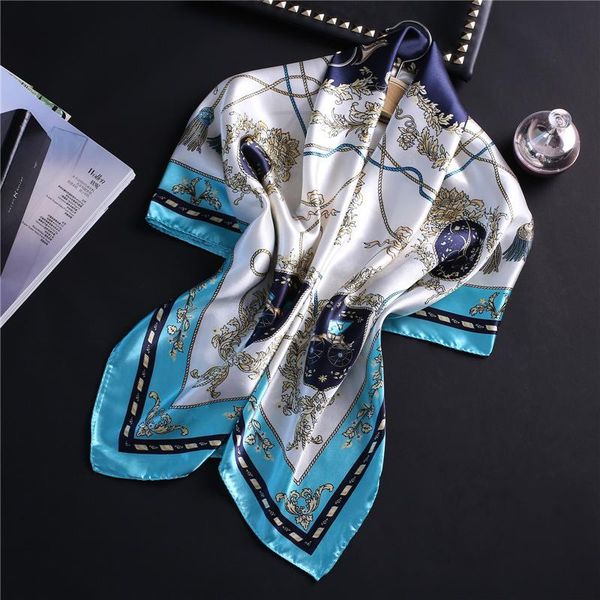 

роскошные женщины шелковый шарф площади марка печати атласная foulard хиджаб lady бандана глава шали шарфов wrap 2020 новый bbywkf bdehome, Blue;gray