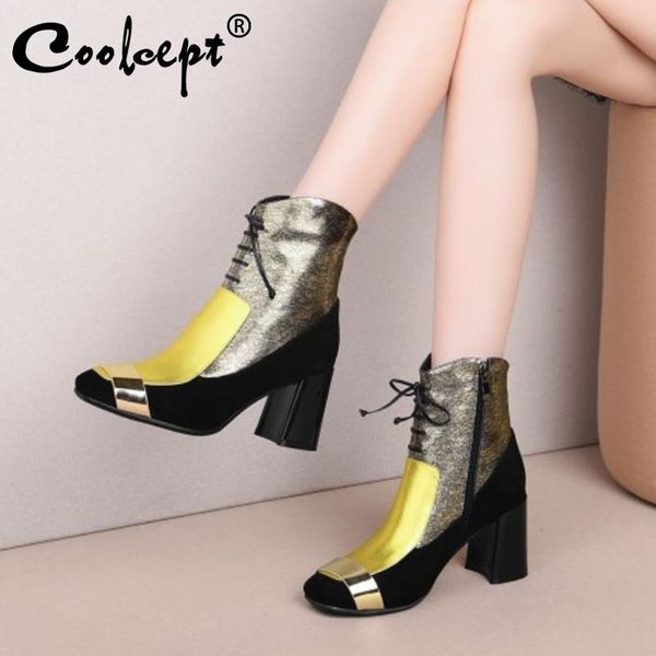 

coolcept women ankle boots warm plush fur zipper square heels shoes women fashion mixed color footwear size 34-39, Black