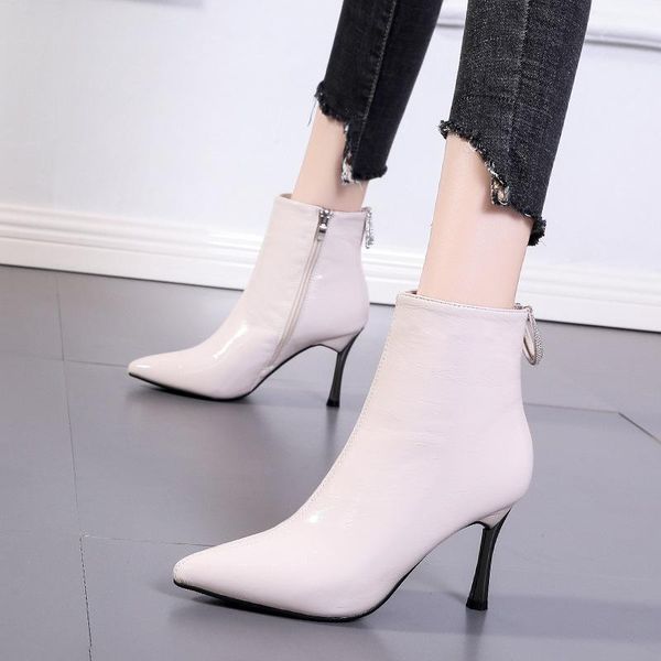 

women's leather boots autumn shoes crystal round toe winter footwear luxury designer boots-women rock high heel low, Black