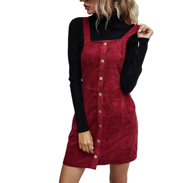 

women's corduroy a line dress cute solid casual color bib overall button decor mini dress new fashion 2021, Black;gray