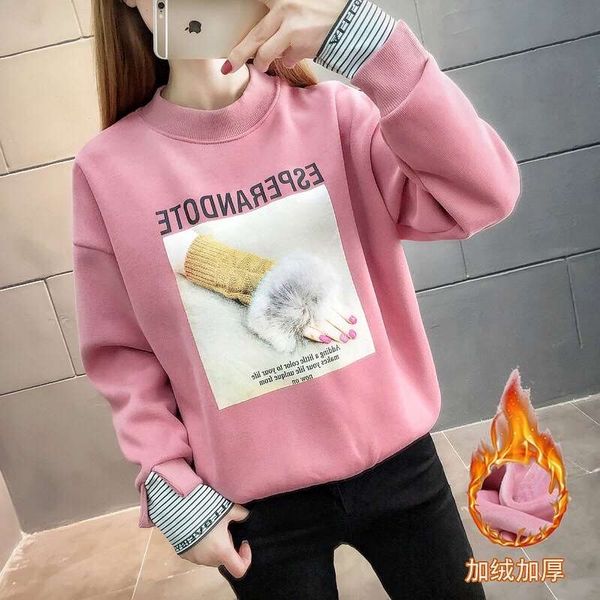 

fake two pieces of korean women's design sense small pink round neck new style non tie dyed sweater waitmore plush, Black