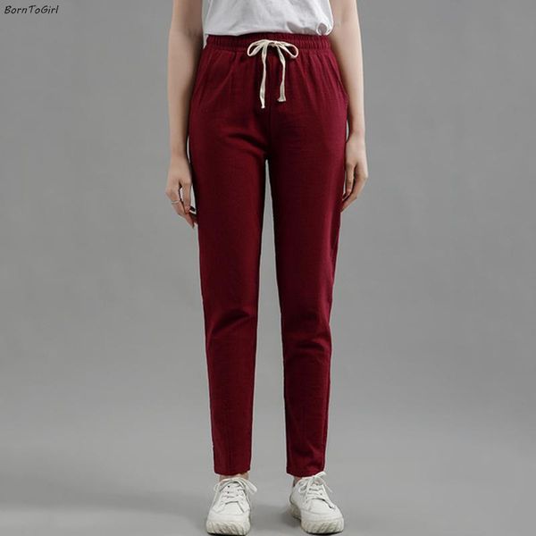 

women's pants & capris borntogirl spring summer autumn casual 100% cotton high waist black gray pink yellow blue wine red khaki trouser, Black;white