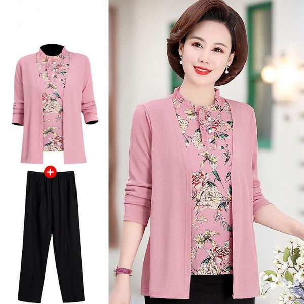 

women blouse and 2020 spring long sleeve fake two pieces shirts large size middle age old female print elegant 2pcs set w19, White