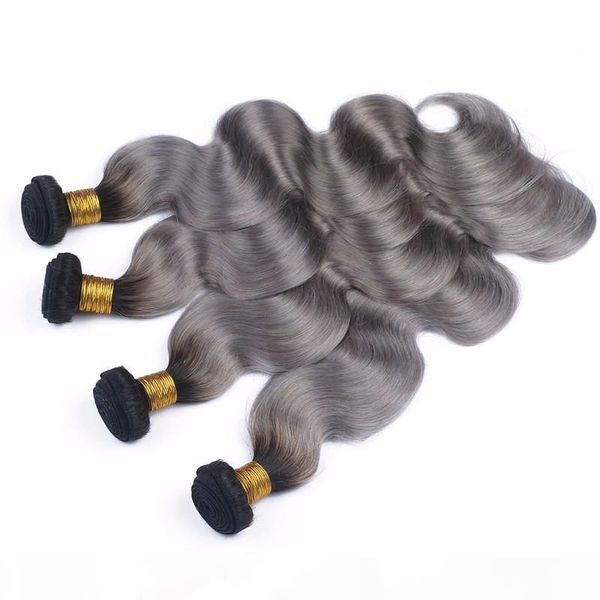 

ombre hair extensions 8a brazilian virgin hair straight body wave 4pcs lot brazilian human hair weave bundles 1b grey bundles, Black;brown