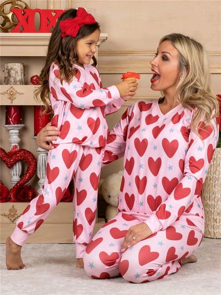 

valentine pajamas sets parent-child clothing heart printed t-shirt legging pants two piece suit for kids adults women sleepwear g10801, White