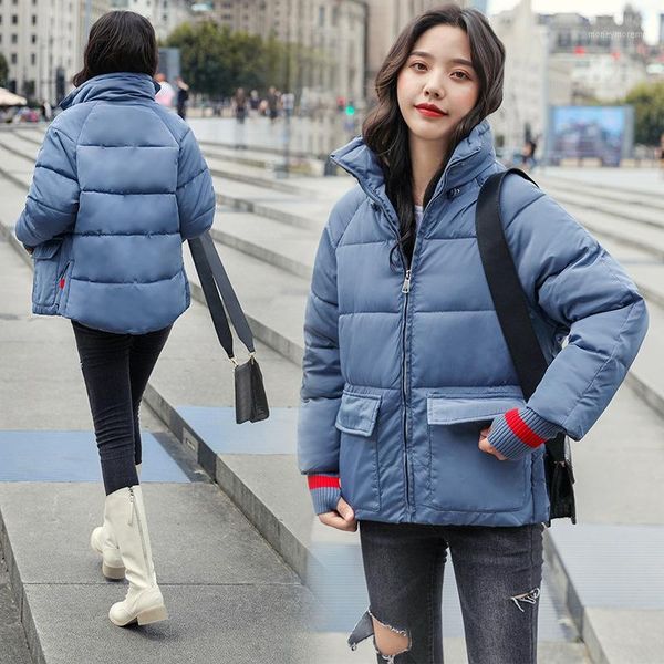 

women winter new korean of the self-cultivation stand collar warm stitching thread gloves sleeves thick down cotton women y0661, Black