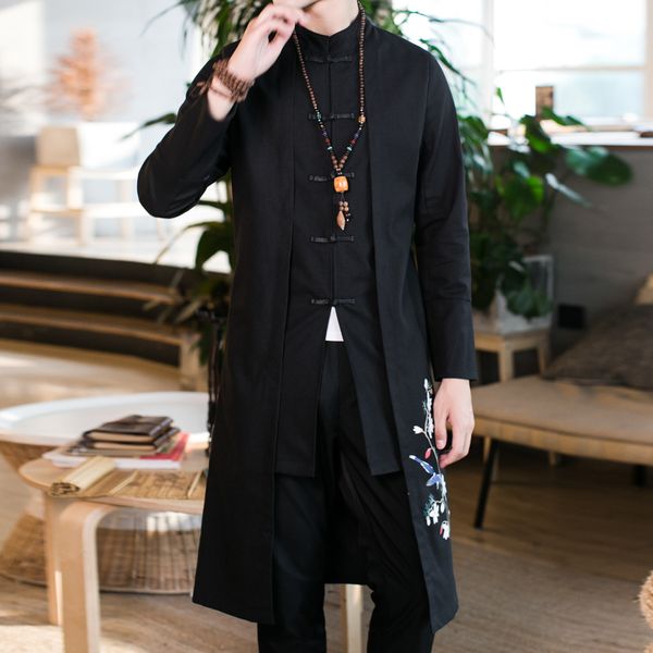 

spring new chinese style linen medium length stand collar windbreaker men's casual large cotton hemp embroidered overcoat, Tan;black