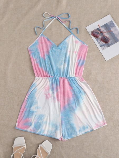 

plus low back tie dye romper 18h4#, Black