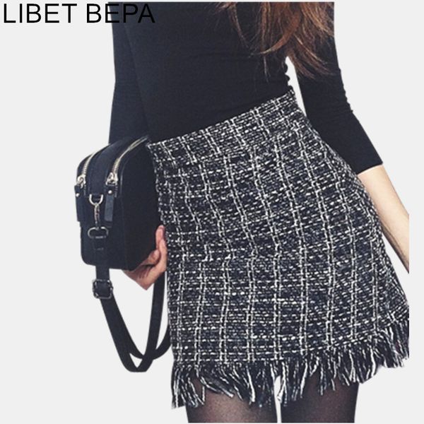 

new arrival women woolen mini skirt autumn winter vintage straight plaid tassel skater skirt high waist femininas sk5583 1014, Black