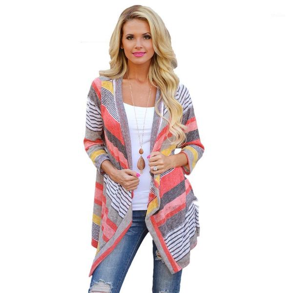 Suéter das Mulheres Atacado - Moda Outono Vintage Mulheres Irregular Stripe Shawl Kimono Cardigan Tops Cobrir Blusa Outwear Coat1