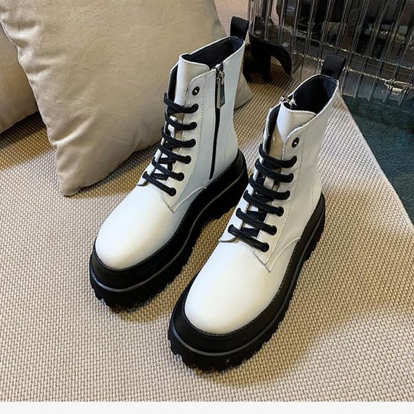 

cowhide leather women boots british style plus velvet warm winter women shoes lightweight non-slip waterproof platform boots, Black