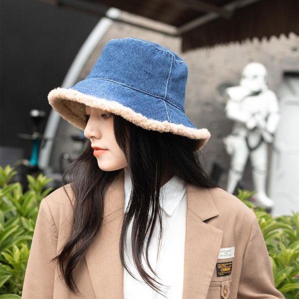 

plush denim korean basin hat warm cap, Blue;gray